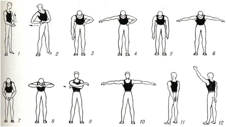 Grundübungen zur Behandlung und Wiederherstellung der Beweglichkeit des Schultergelenks bei Arthrose. 